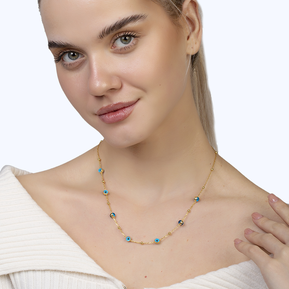 Nazar Boncuğu Detaylı Altın Renk 925 Ayar Gümüş Kadın Şans Kolyesi - 2