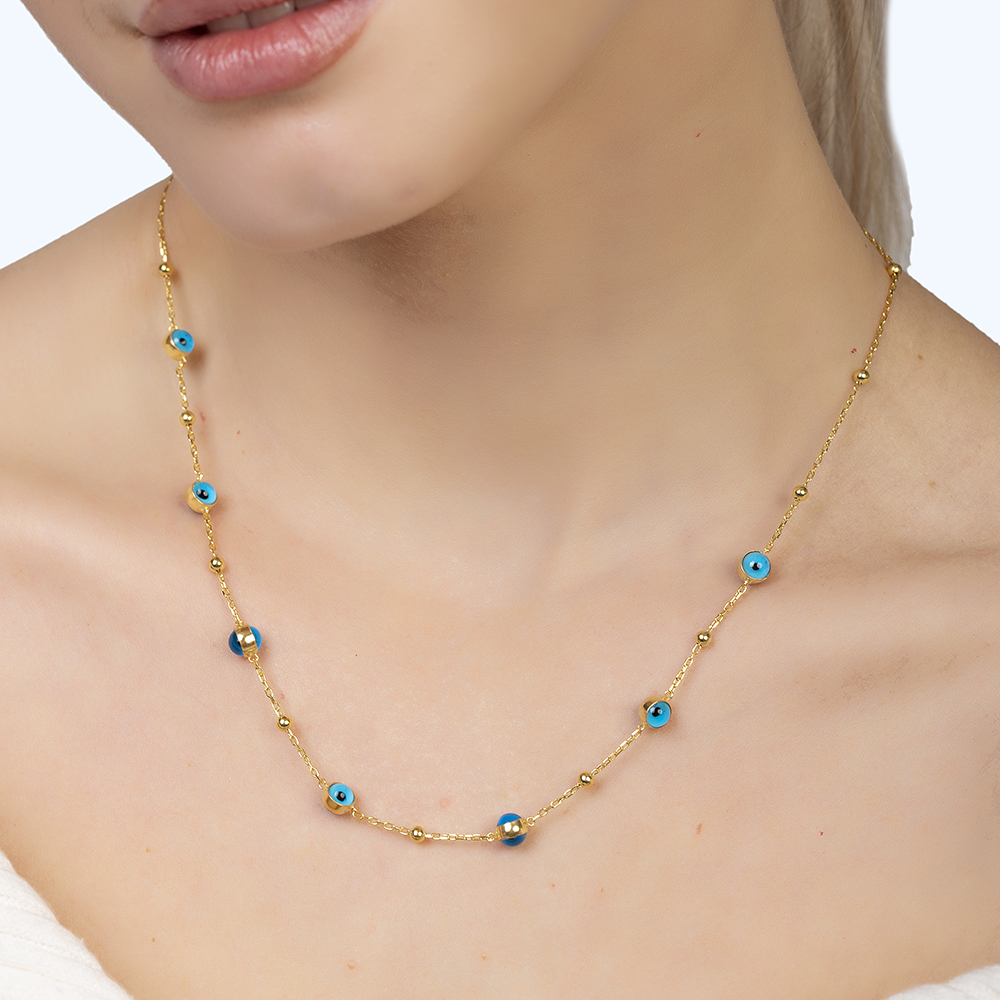 Nazar Boncuğu Detaylı Altın Renk 925 Ayar Gümüş Kadın Şans Kolyesi - 4