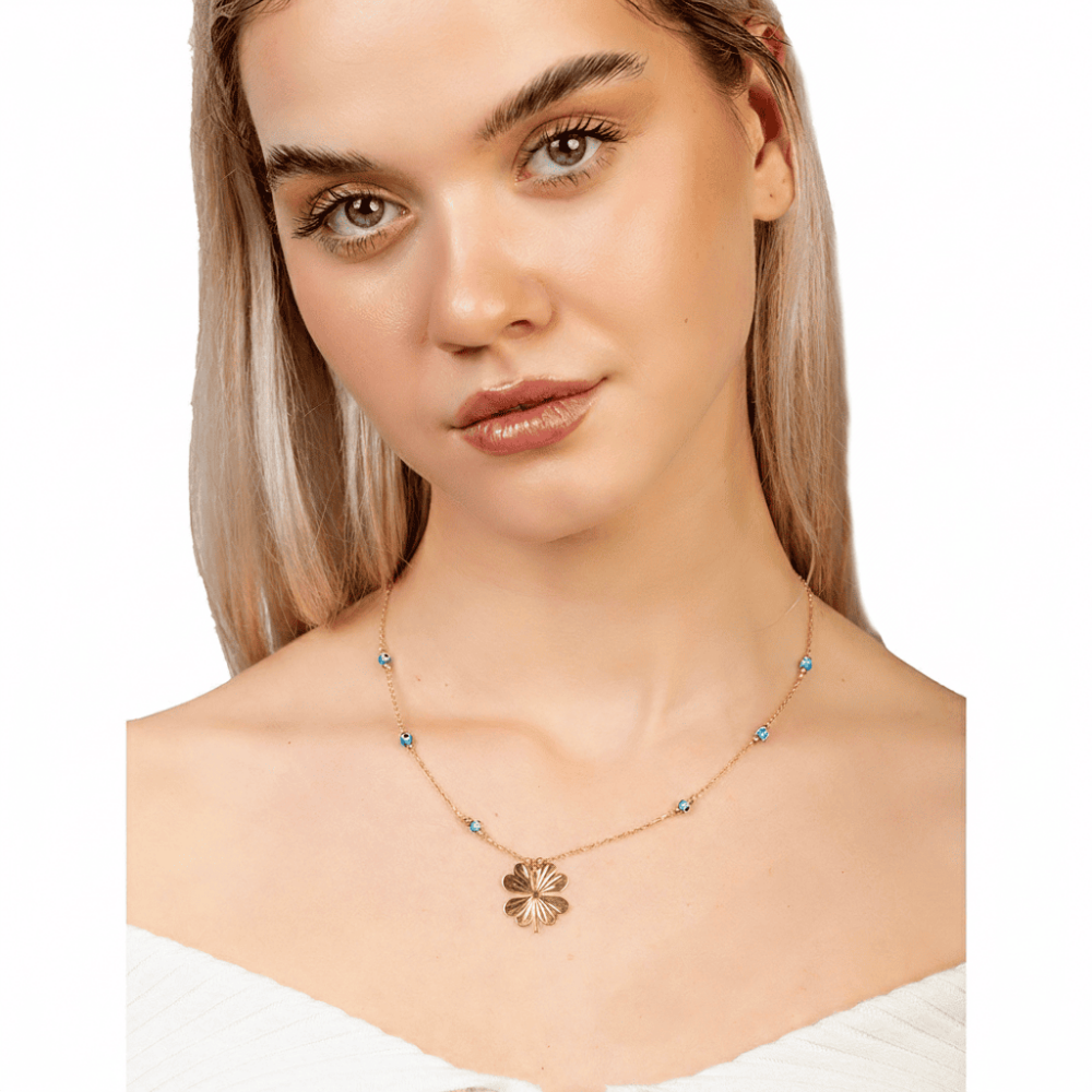 Nazar Boncuğu Detaylı Kır Çiçeği Tasarım Altın Renk 925 Ayar Gümüş Kolye - 2