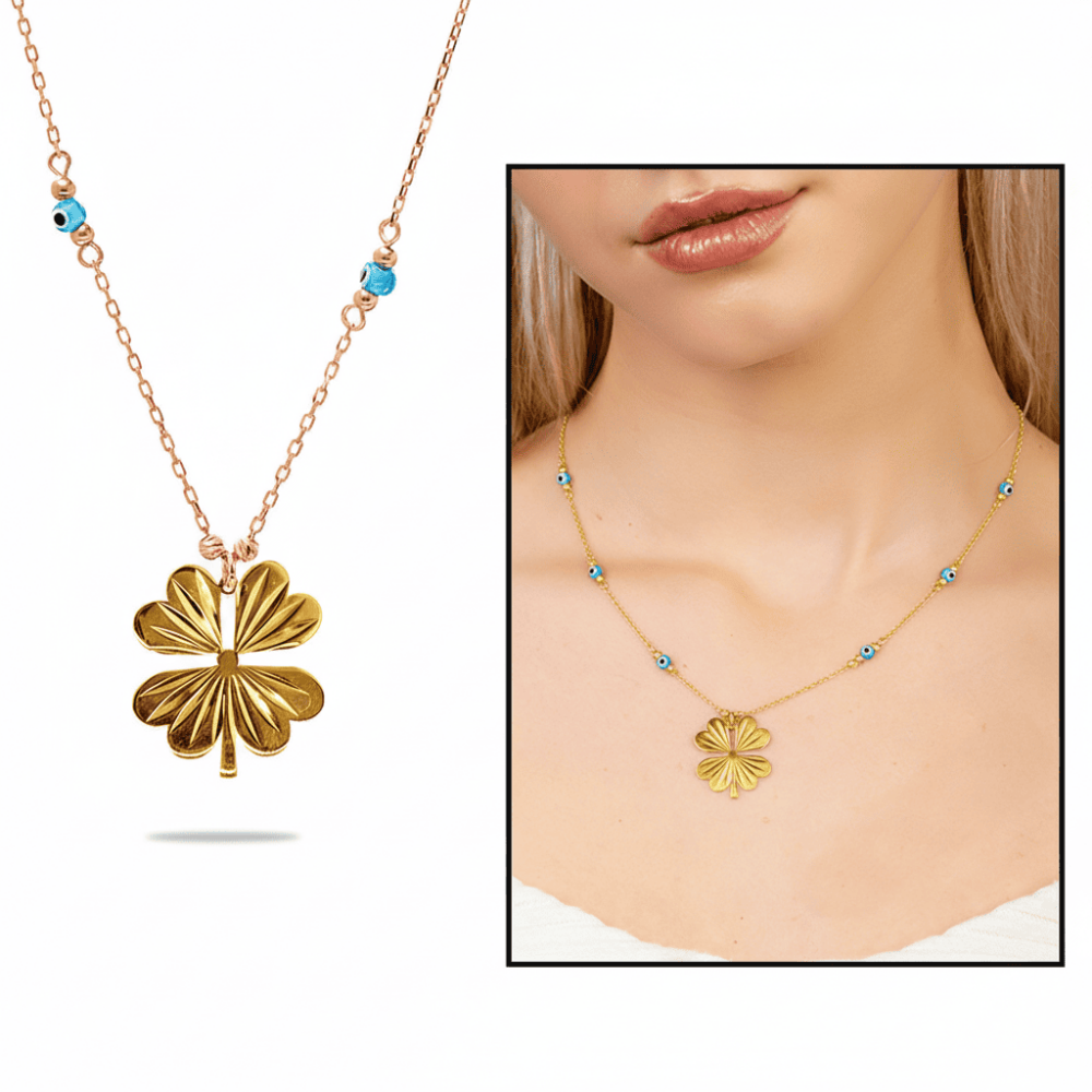 Nazar Boncuğu Detaylı Kır Çiçeği Tasarım Altın Renk 925 Ayar Gümüş Kolye - 1