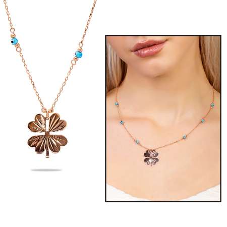 Nazar Boncuğu Detaylı Kır Çiçeği Tasarım Rose Renk 925 Ayar Gümüş Kolye - Tesbihane