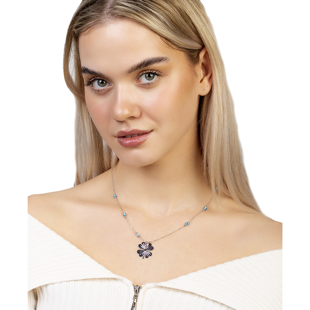 Nazar Boncuğu Detaylı Kır Çiçeği Tasarım Gümüş Renk 925 Ayar Gümüş Kolye - 2