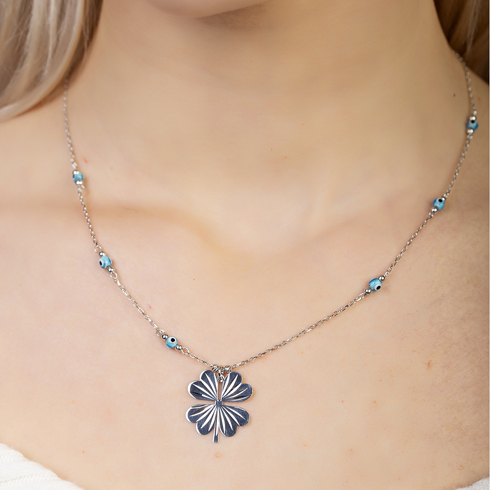 Nazar Boncuğu Detaylı Kır Çiçeği Tasarım Gümüş Renk 925 Ayar Gümüş Kolye - 4