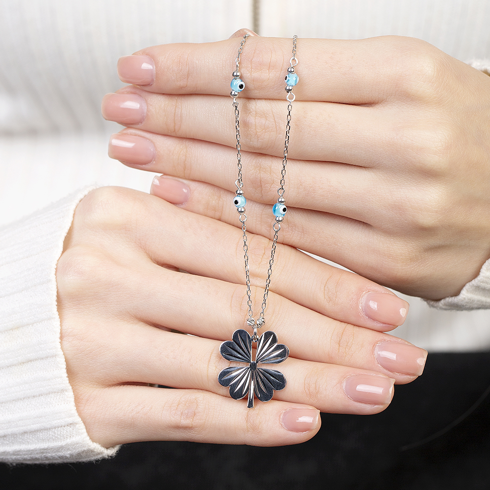 Nazar Boncuğu Detaylı Kır Çiçeği Tasarım Gümüş Renk 925 Ayar Gümüş Kolye - 5