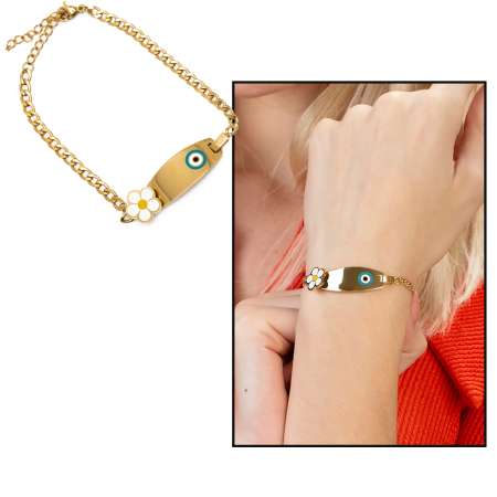 Nazar Boncuğu Detaylı Papatya Tasarım Altın Renk Kişiye Özel İsim Yazılı Çelik Kadın Bileklik - Tesbihane