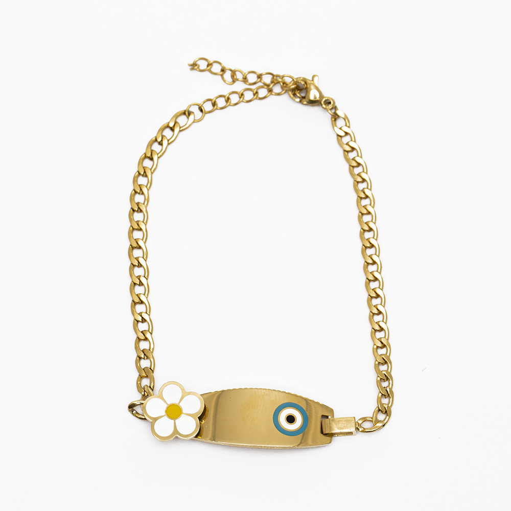 Nazar Boncuğu Detaylı Papatya Tasarım Altın Renk Kişiye Özel İsim Yazılı Çelik Kadın Bileklik - 6