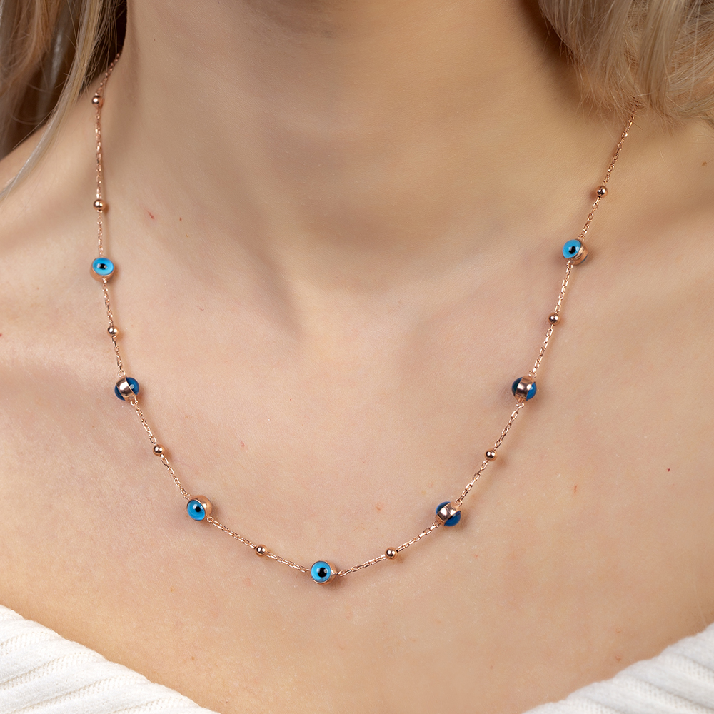 Nazar Boncuğu Detaylı Rose Renk 925 Ayar Gümüş Kadın Şans Kolyesi - 4