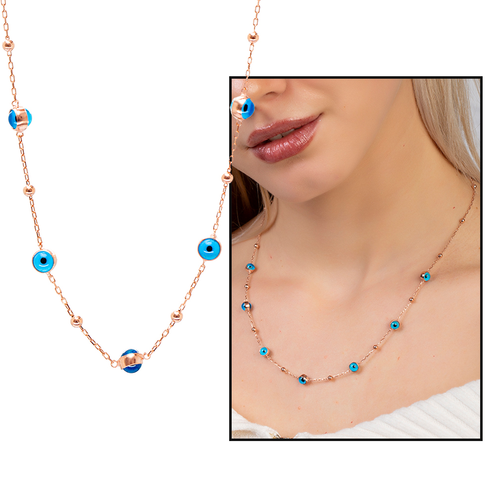 Nazar Boncuğu Detaylı Rose Renk 925 Ayar Gümüş Kadın Şans Kolyesi - 1