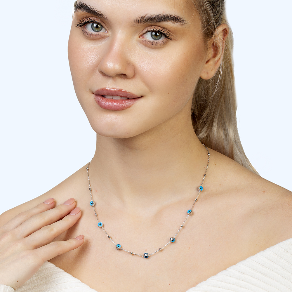 Nazar Boncuğu Detaylı Gümüş Renk 925 Ayar Gümüş Kadın Şans Kolyesi - 2