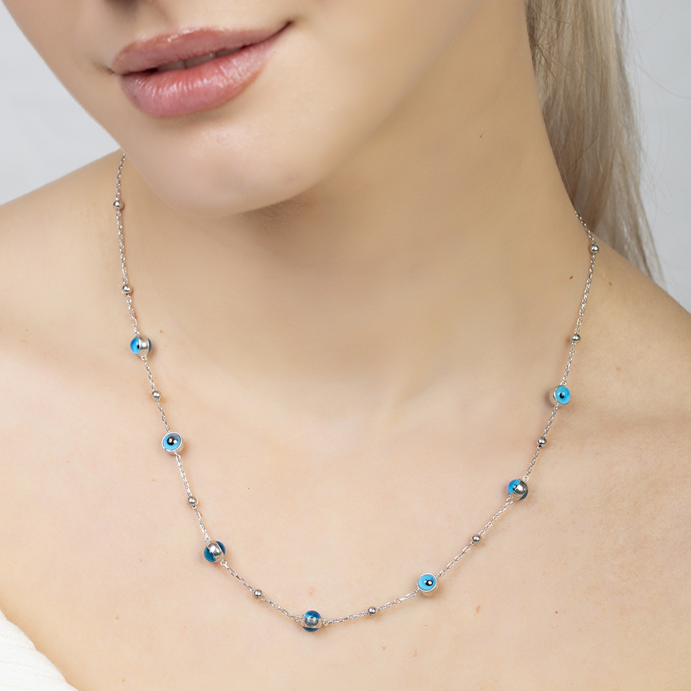 Nazar Boncuğu Detaylı Gümüş Renk 925 Ayar Gümüş Kadın Şans Kolyesi - 4