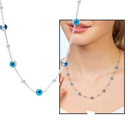 Nazar Boncuğu Detaylı Gümüş Renk 925 Ayar Gümüş Kadın Şans Kolyesi - Tesbihane