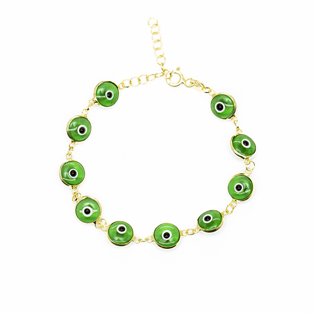 Nazar Boncuğu Detaylı Yeşil Mineli Altın Renk 925 Ayar Gümüş Kadın Bileklik - 2