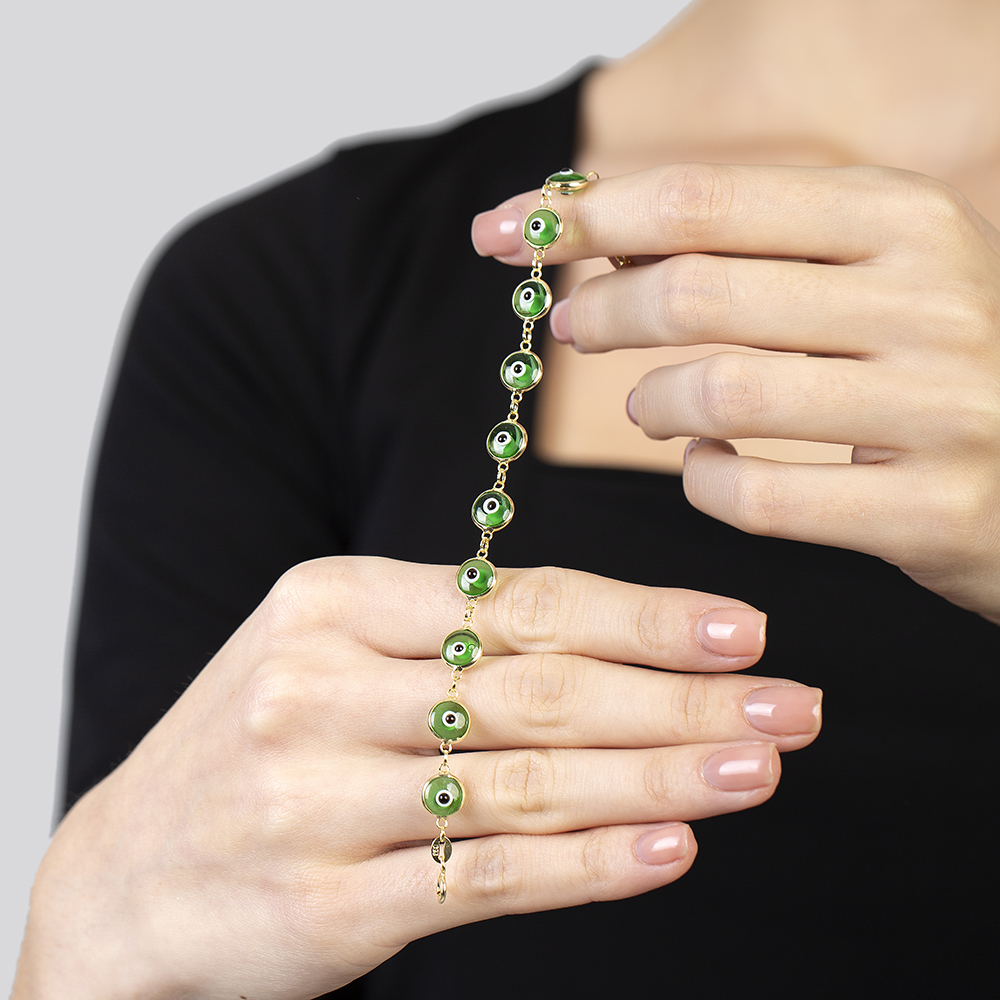 Nazar Boncuğu Detaylı Yeşil Mineli Altın Renk 925 Ayar Gümüş Kadın Bileklik - 5