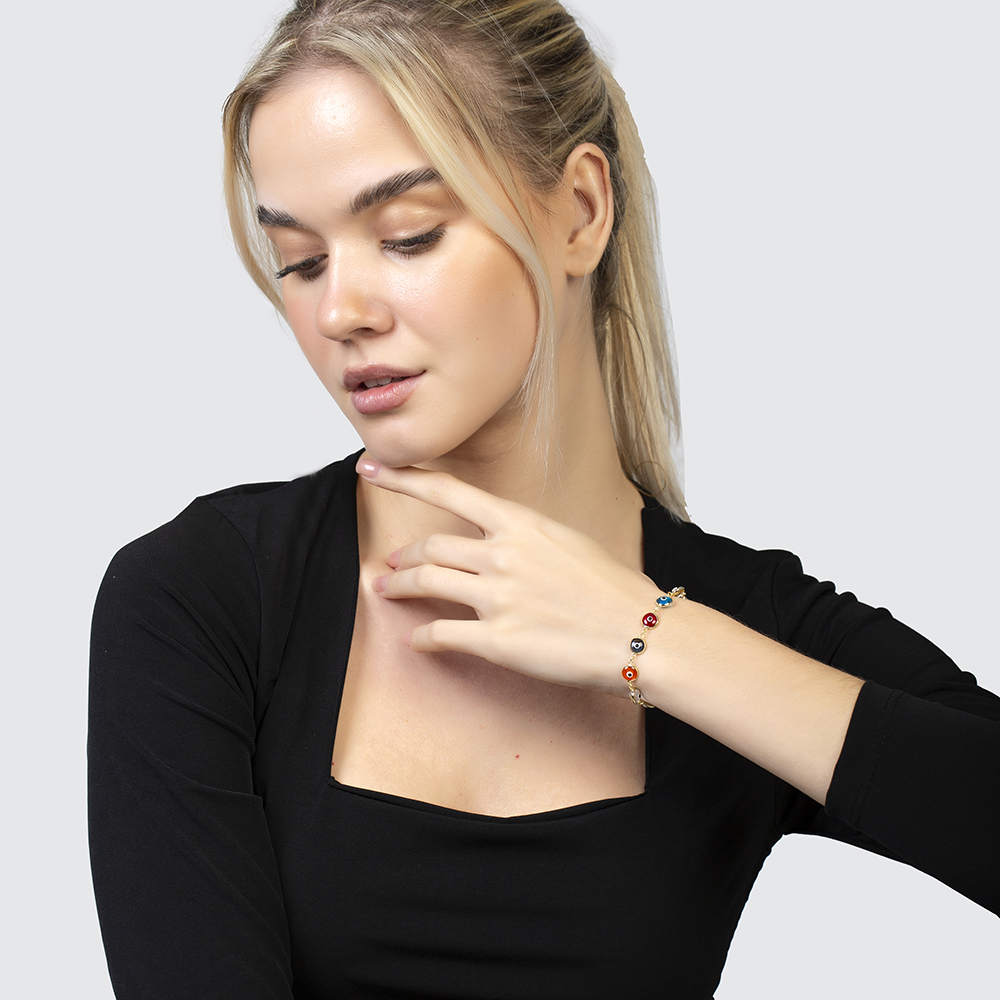 Nazar Boncuğu Detaylı Çok Renkli Altın Renk 925 Ayar Gümüş Kadın Bileklik - 3