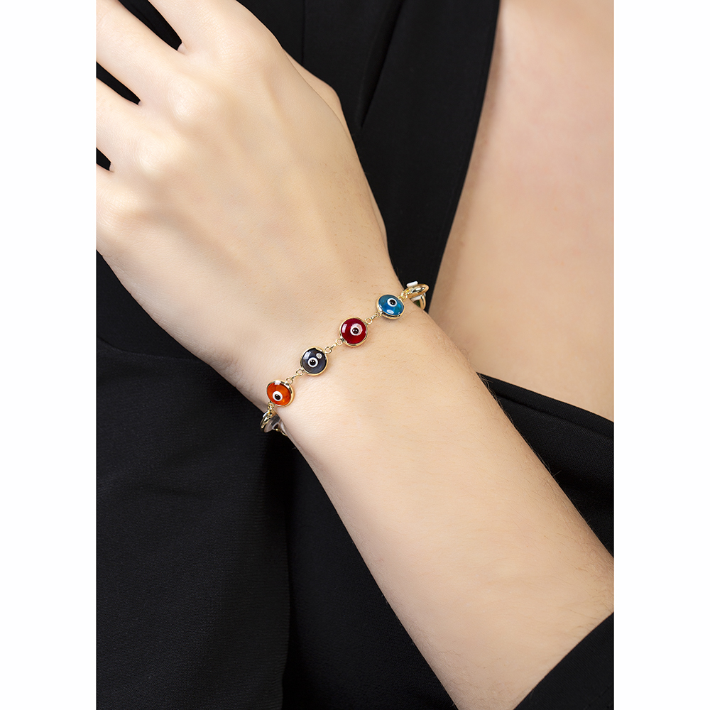Nazar Boncuğu Detaylı Çok Renkli Altın Renk 925 Ayar Gümüş Kadın Bileklik - 4