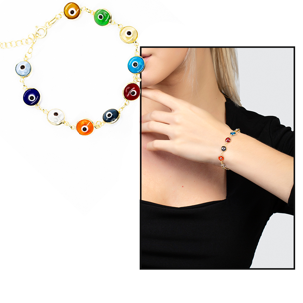 Nazar Boncuğu Detaylı Çok Renkli Altın Renk 925 Ayar Gümüş Kadın Bileklik - 1