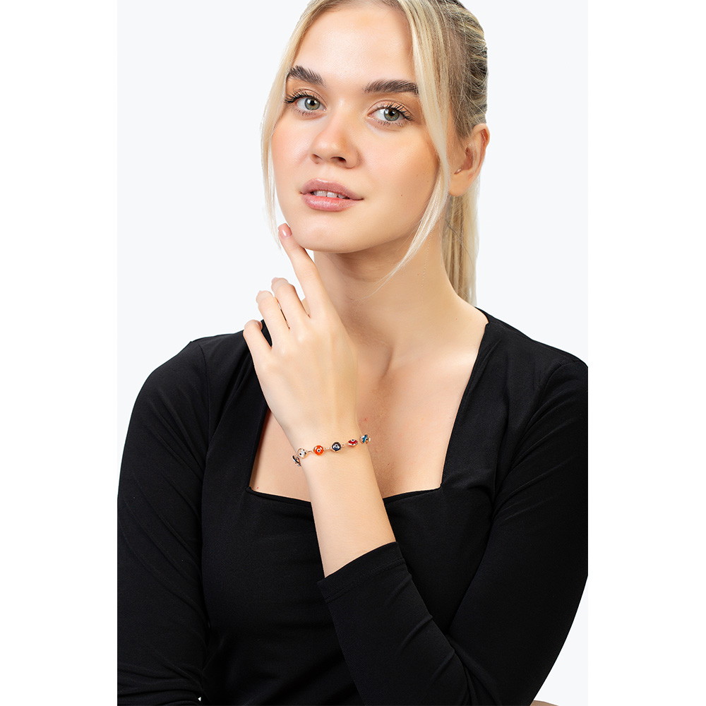 Nazar Boncuğu Detayl Çok Renkli Rose Renk 925 Ayar Gümüş Kadın Bileklik - 2