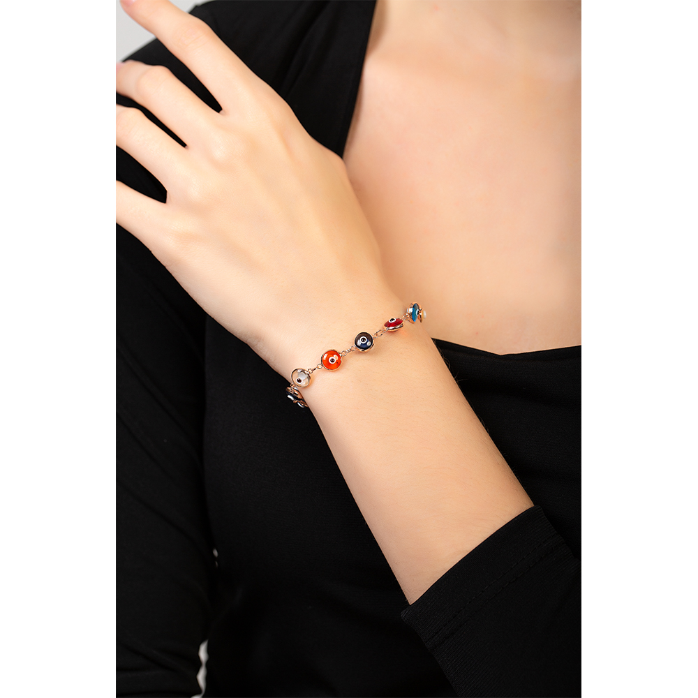Nazar Boncuğu Detayl Çok Renkli Rose Renk 925 Ayar Gümüş Kadın Bileklik - 1