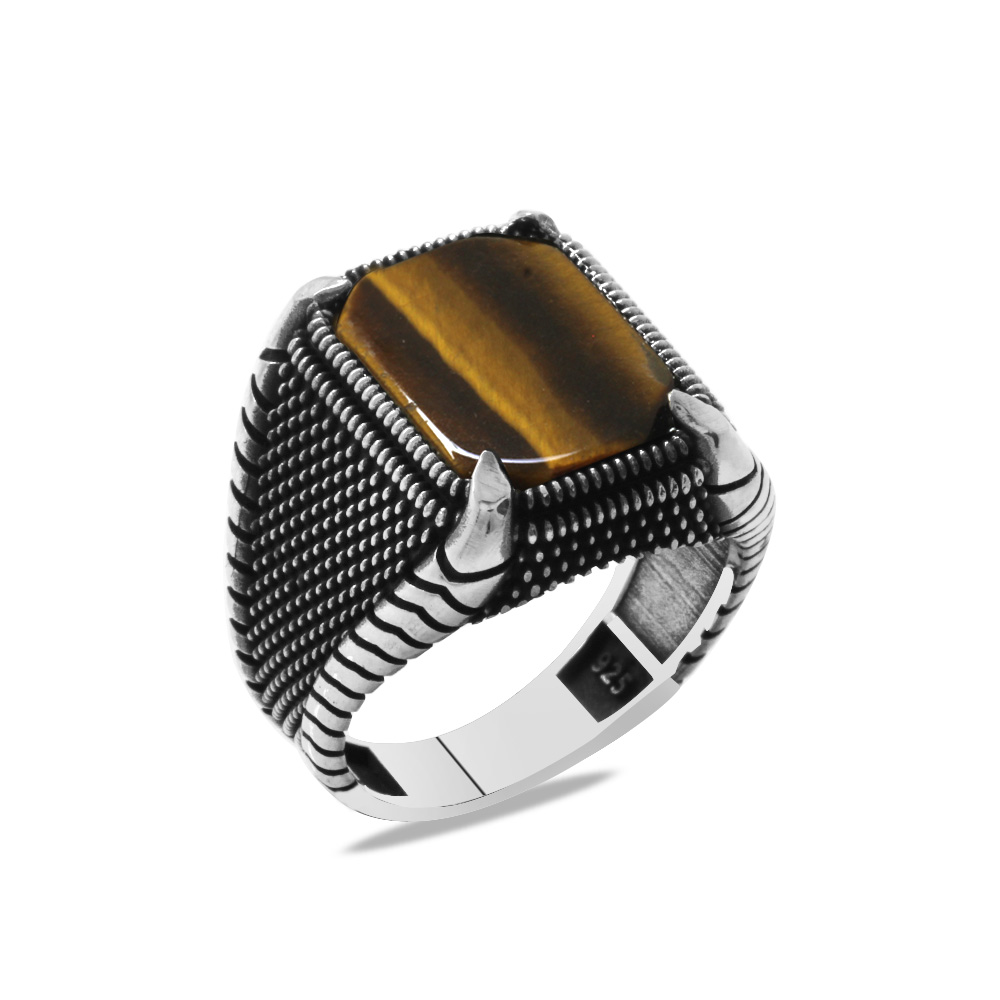 Nokta İşlemeli Kartal Pençesi Detaylı Kaplan Gözü Taşlı 925 Ayar Gümüş Erkek Yüzük - 2