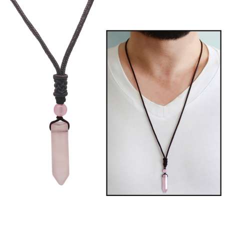 Obelisk Tasarım İp Zincirli Pembe Kuvars Doğaltaş Erkek Kolye - Tesbihane