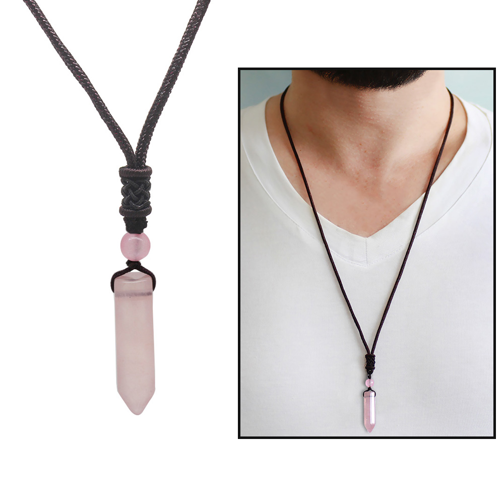 Obelisk Tasarım İp Zincirli Pembe Kuvars Doğaltaş Erkek Kolye - 1