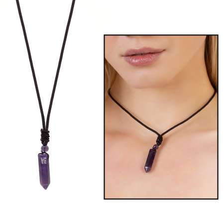Obelisk Tasarım Zarif İp Zincirli Ametist Doğaltaş Kadın Kolye - Tesbihane