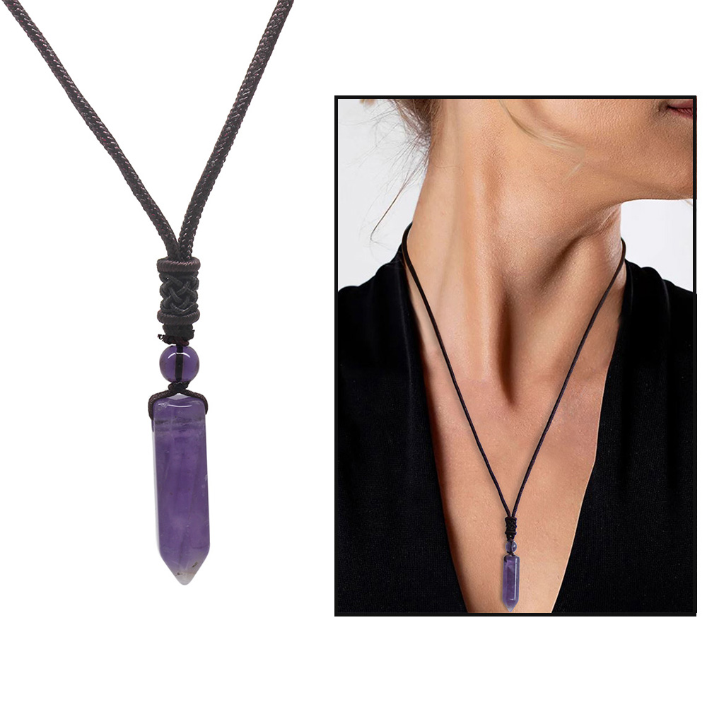 Obelisk Tasarım Zarif İp Zincirli Ametist Doğaltaş Kadın Kolye - 6