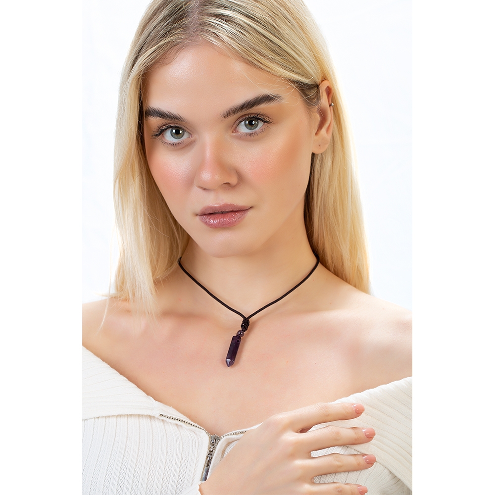 Obelisk Tasarım Zarif İp Zincirli Ametist Doğaltaş Kadın Kolye - 2