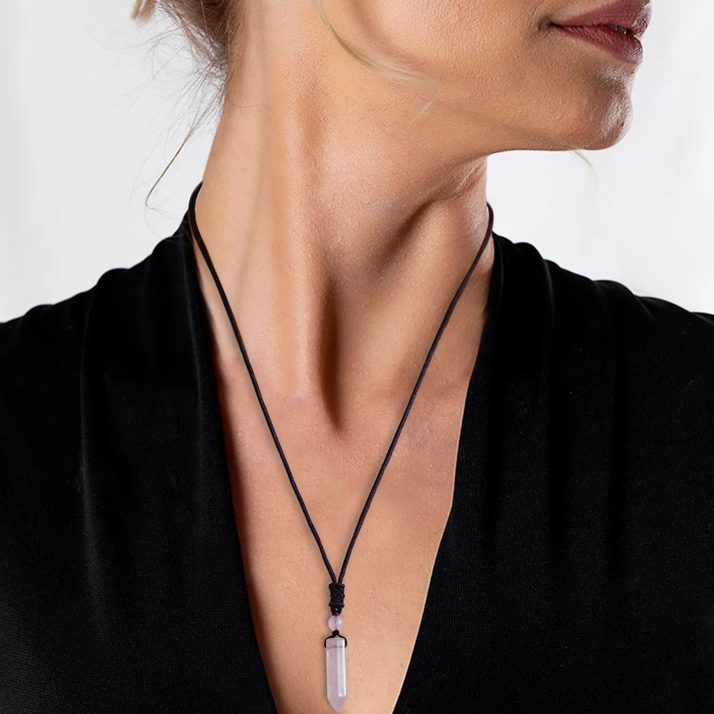 Obelisk Tasarım Zarif İp Zincirli Pembe Kuvars Doğaltaş Kadın Kolye - 7