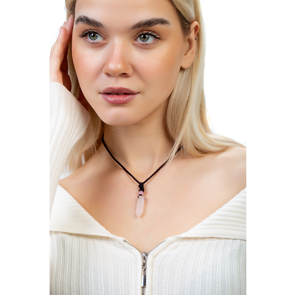 Obelisk Tasarım Zarif İp Zincirli Pembe Kuvars Doğaltaş Kadın Kolye - 2