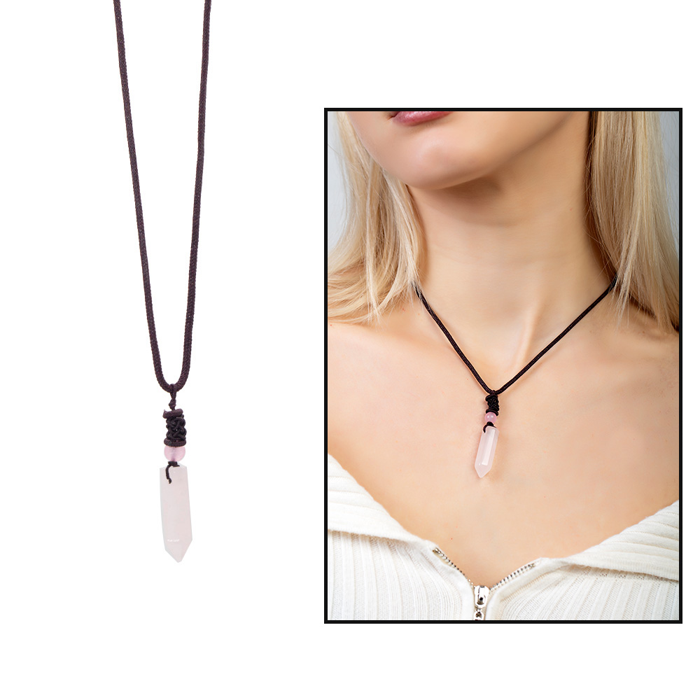 Obelisk Tasarım Zarif İp Zincirli Pembe Kuvars Doğaltaş Kadın Kolye - 1