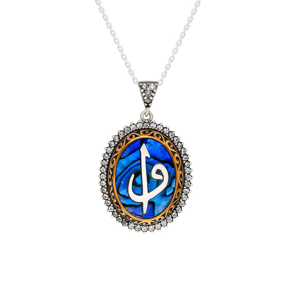 Mavi Okyanus Sedef Taşlı Elif Vav 925 Ayar Gümüş Bayan Kolye - 4
