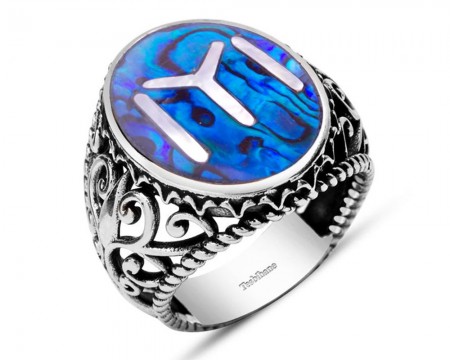 Okyanus Sedefi Üzerine Sedef Kakma Kayı Motifli El İşçiliği 925 Ayar Gümüş Yüzük - STOKYOK