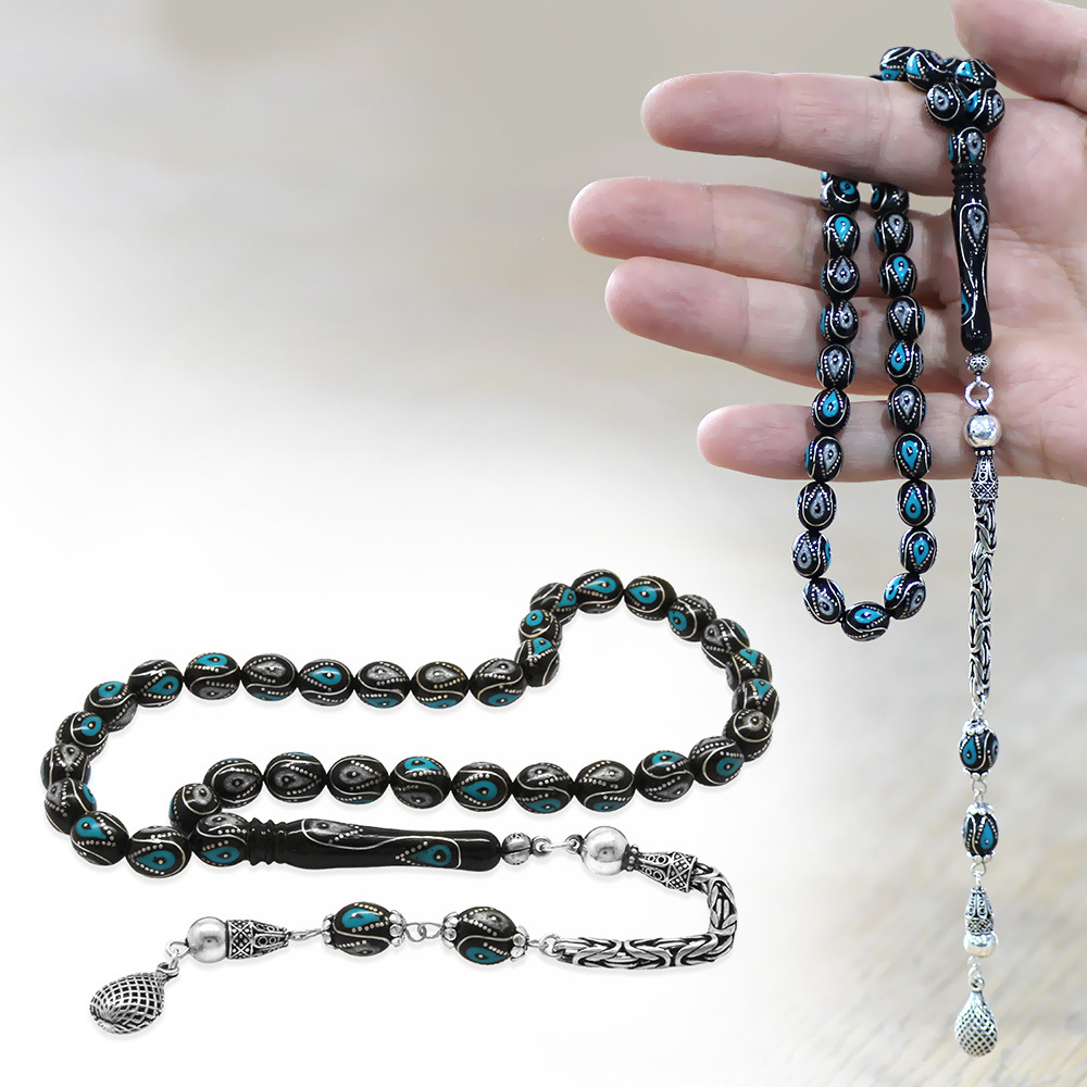 Oltu Taşı Tesbih - 925 Ayar Gümüş Kral Püsküllü - Firuze Mine İşlemeli - Arpa Kesim - Siyah Renk - 1