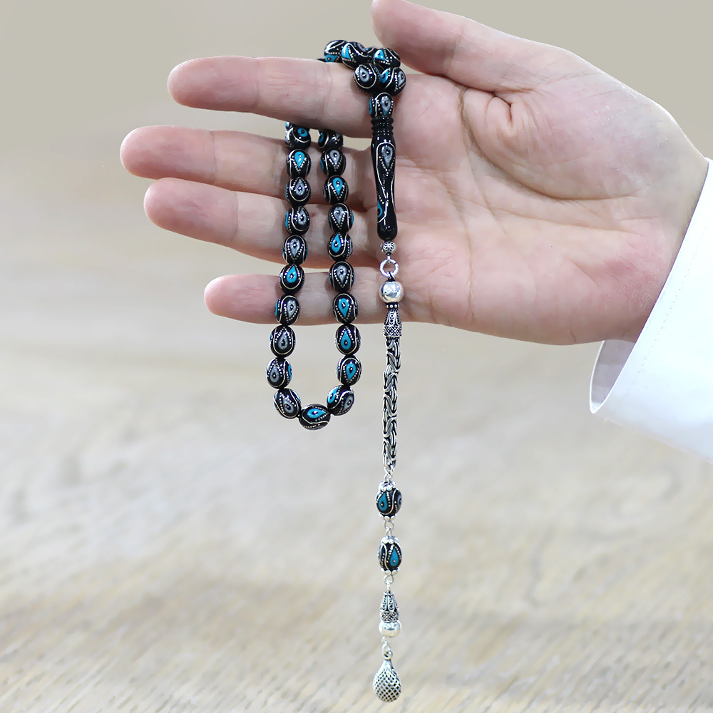 Oltu Taşı Tesbih - 925 Ayar Gümüş Kral Püsküllü - Firuze Mine İşlemeli - Arpa Kesim - Siyah Renk - 2