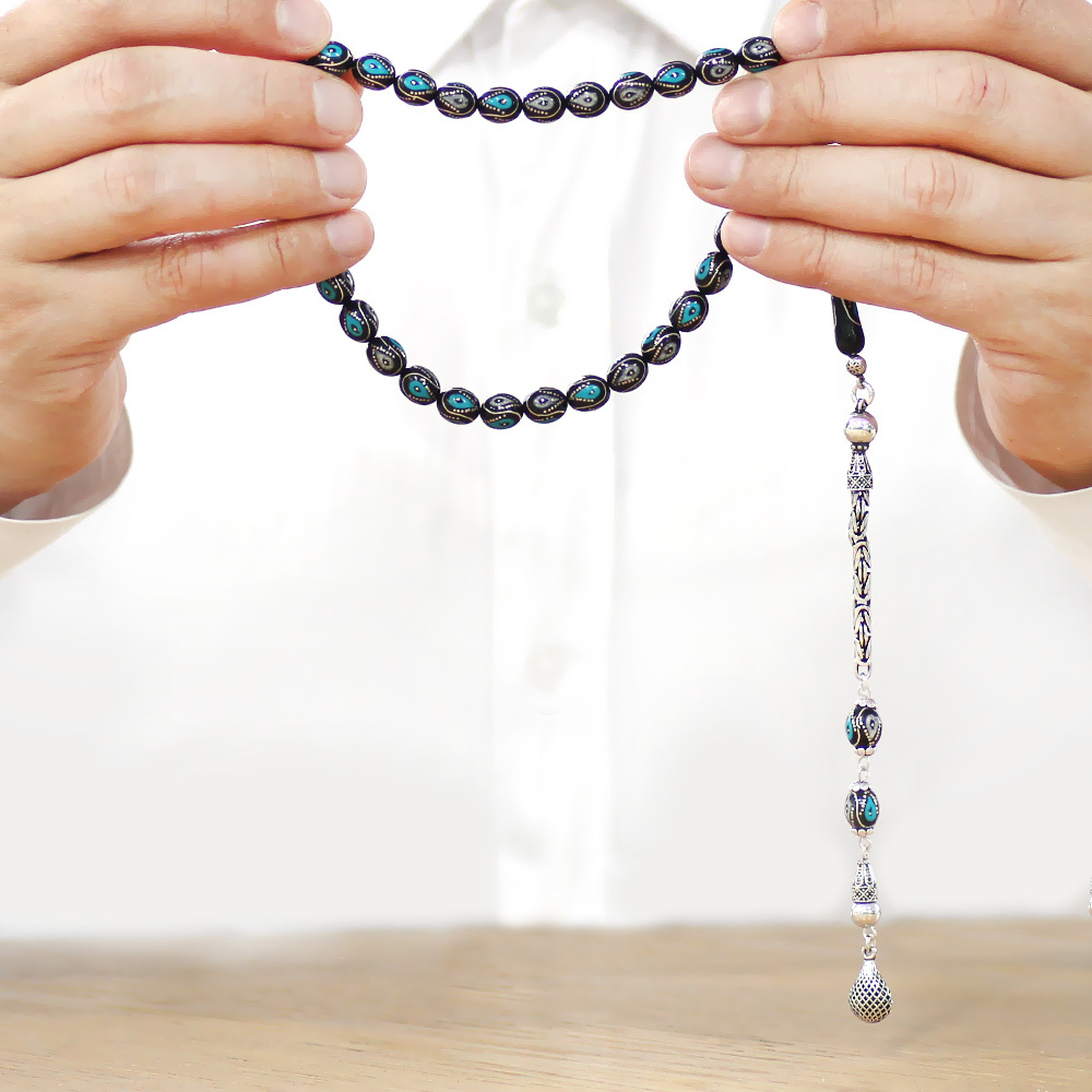 Oltu Taşı Tesbih - 925 Ayar Gümüş Kral Püsküllü - Firuze Mine İşlemeli - Arpa Kesim - Siyah Renk - 3