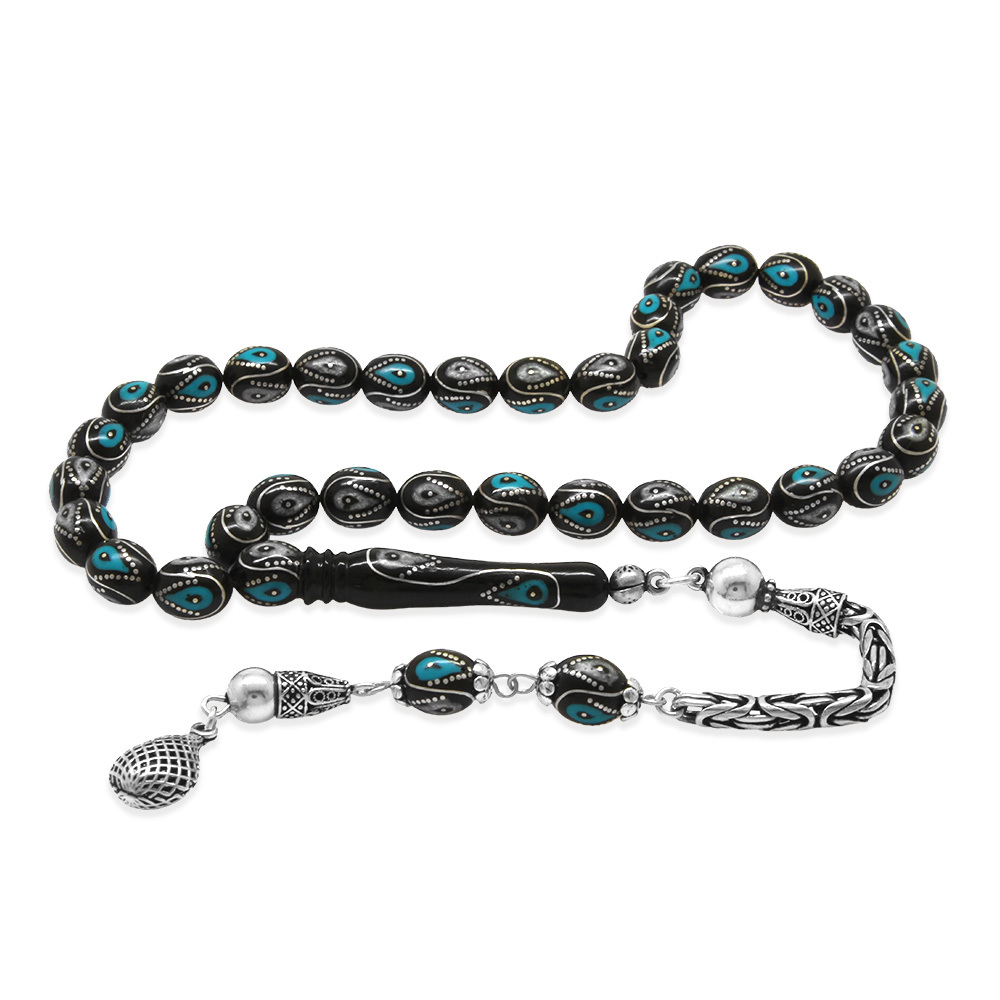 Oltu Taşı Tesbih - 925 Ayar Gümüş Kral Püsküllü - Firuze Mine İşlemeli - Arpa Kesim - Siyah Renk - 4