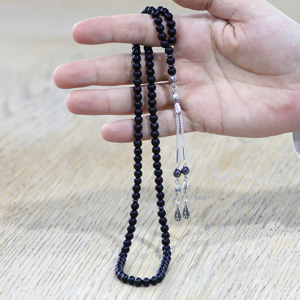 Oniks Doğaltaş Namaz Tesbihi - Kararmaz Metal Damla Püsküllü - Siyah Renk - Küre Kesim - 3