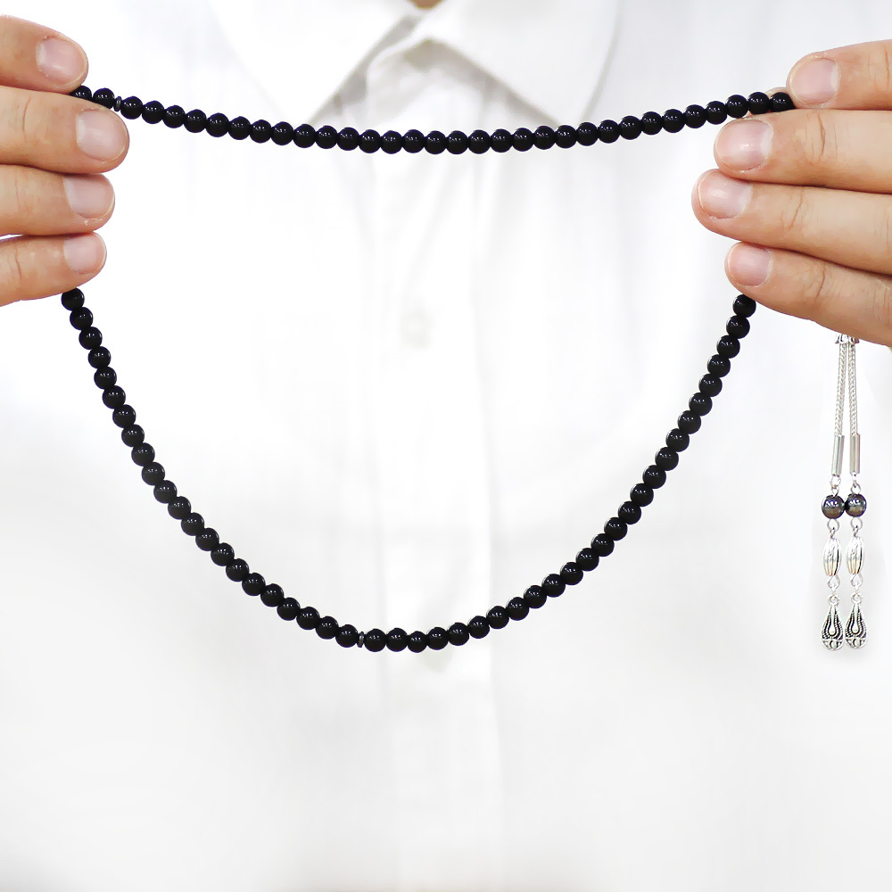 Oniks Doğaltaş Namaz Tesbihi - Kararmaz Metal Damla Püsküllü - Siyah Renk - Küre Kesim - 4