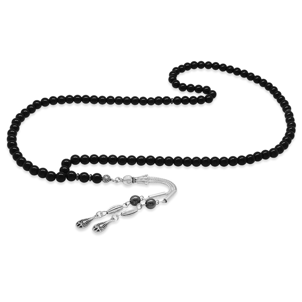 Oniks Doğaltaş Namaz Tesbihi - Kararmaz Metal Damla Püsküllü - Siyah Renk - Küre Kesim - 5