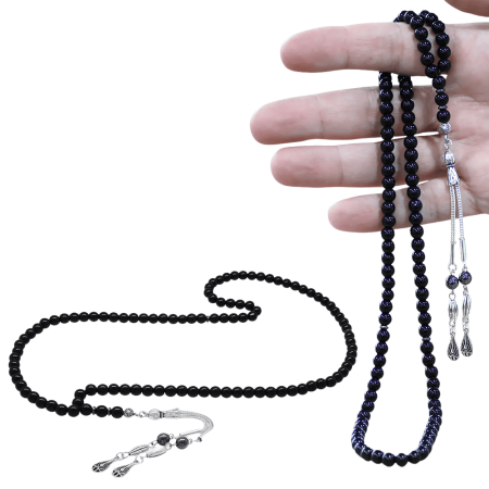 Oniks Doğaltaş Namaz Tesbihi - Kararmaz Metal Damla Püsküllü - Siyah Renk - Küre Kesim - Tesbihane