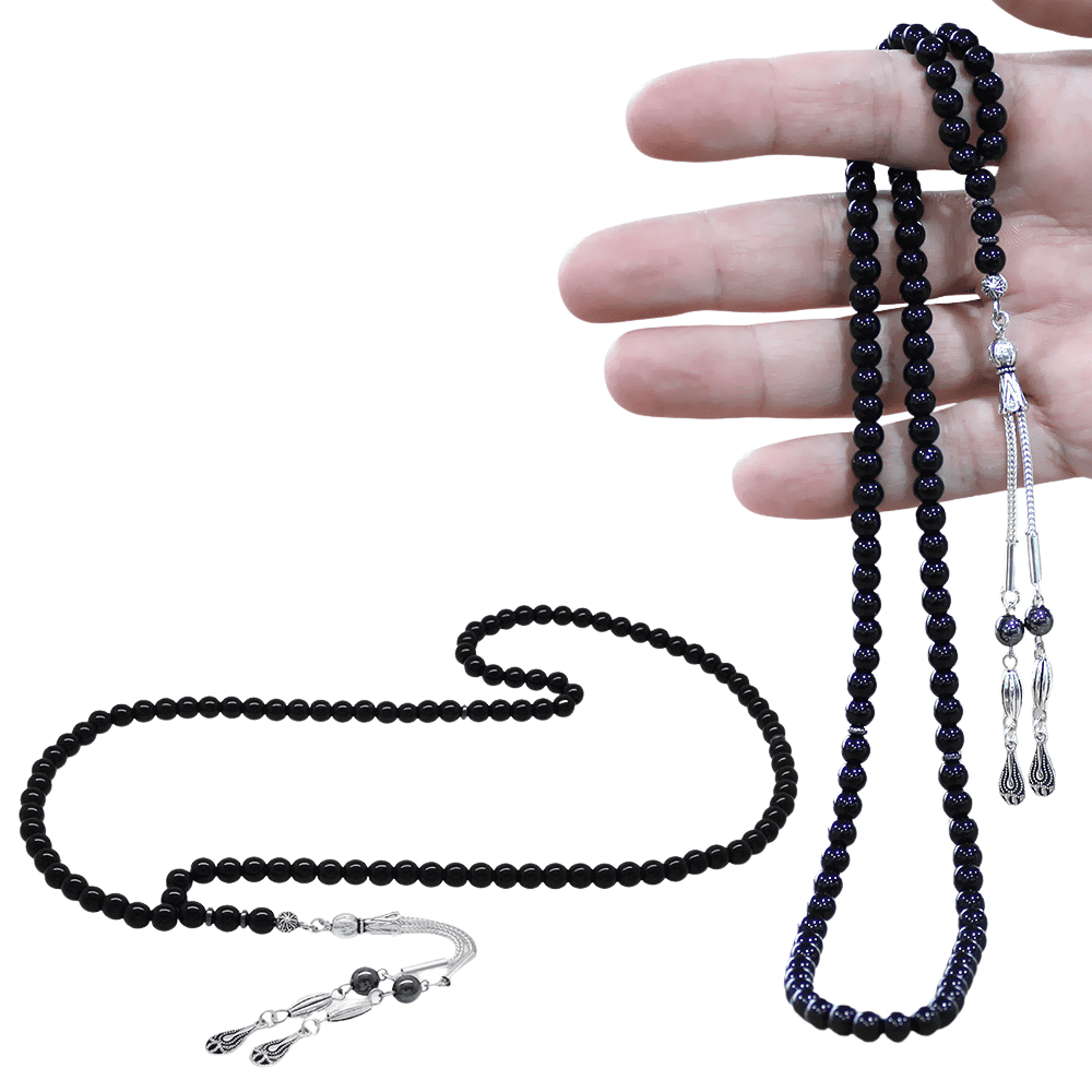 Oniks Doğaltaş Namaz Tesbihi - Kararmaz Metal Damla Püsküllü - Siyah Renk - Küre Kesim - 1