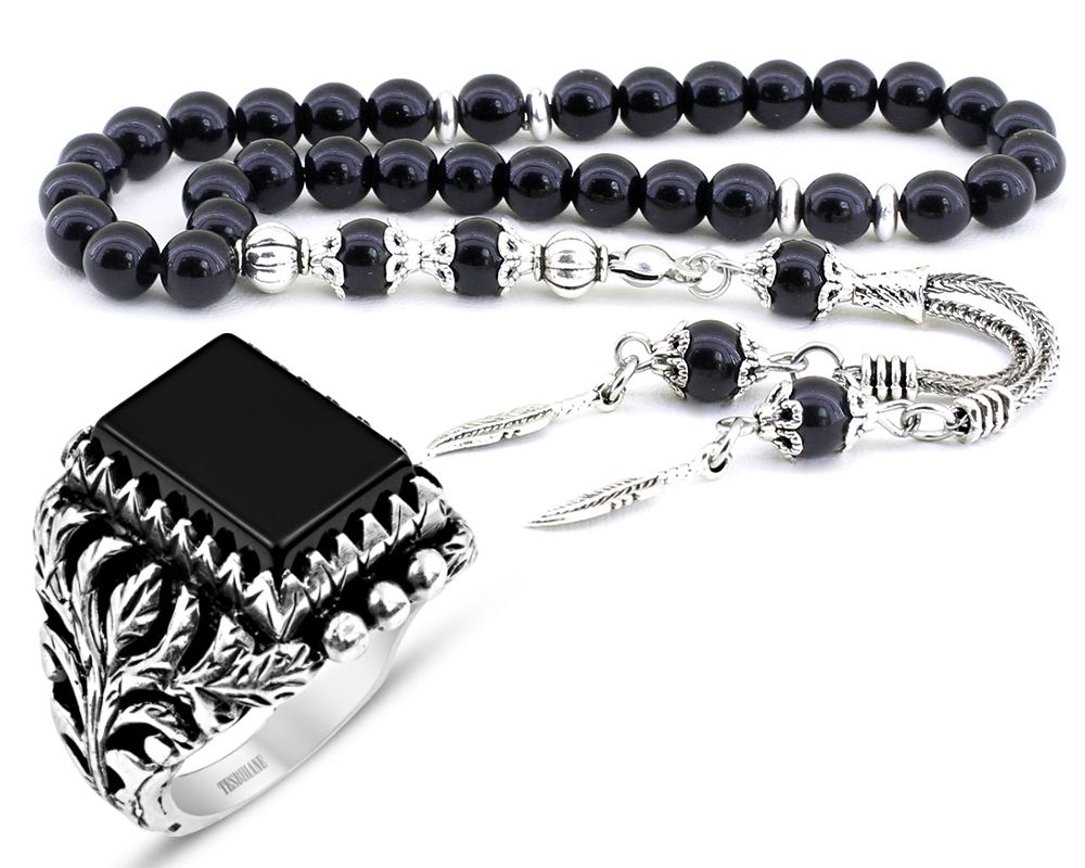 Oniks Doğaltaş Tesbih ve 925 Ayar Gümüş Oniks Taşlı Yüzük Kombini - 1