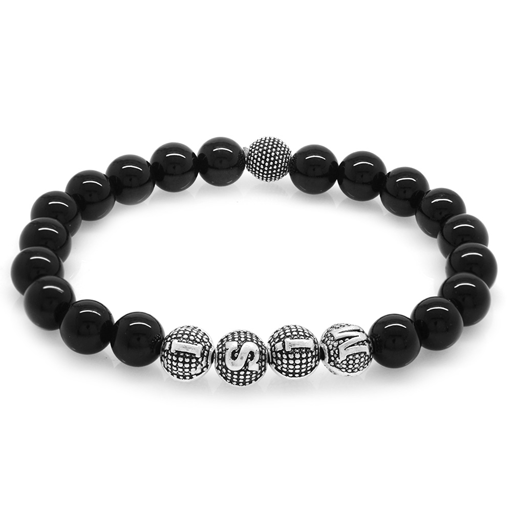 Oniks Doğaltaş Bileklik - İsme Özel Yazılı - Metal Kombinli - Küre Kesim - 3