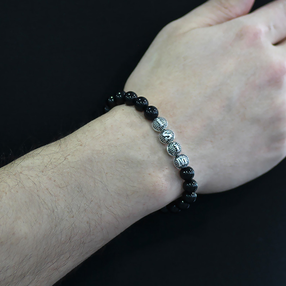 Oniks Doğaltaş Bileklik - İsme Özel Yazılı - Metal Kombinli - Küre Kesim - 2