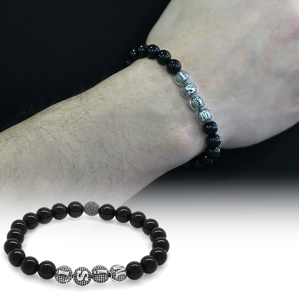 Oniks Doğaltaş Bileklik - İsme Özel Yazılı - Metal Kombinli - Küre Kesim - 1