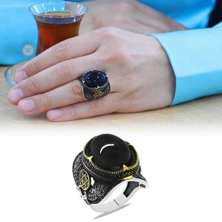 Oniks Taşlı Kenarları Mührü Süleyman İşlemeli 925 Ayar Gümüş Erkek Yüzük - Tesbihane