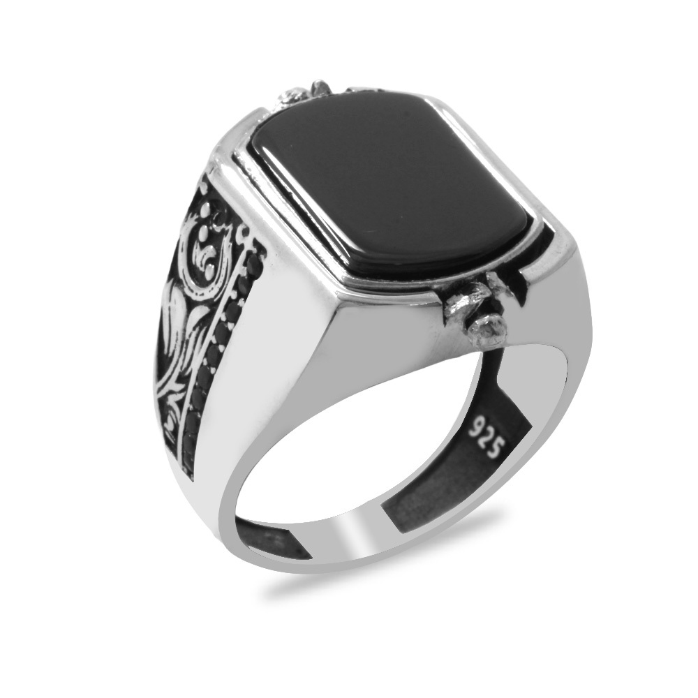 Oniks ve Zirkon Taşlı Mıhlamalı Çift Taraflı İsme Özel Yazılı 925 Ayar Gümüş Erkek Yüzük - 4