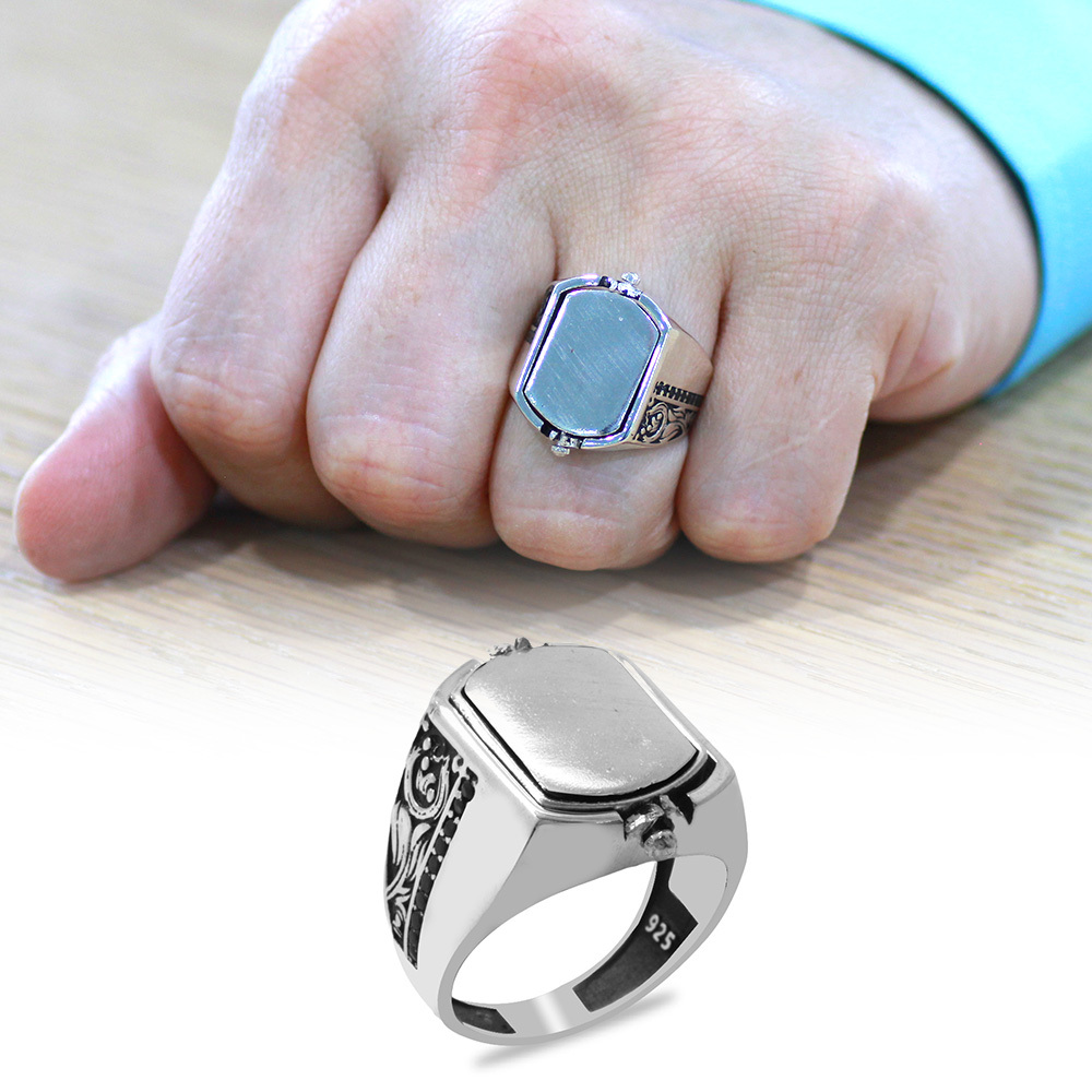 Oniks ve Zirkon Taşlı Mıhlamalı Çift Taraflı İsme Özel Yazılı 925 Ayar Gümüş Erkek Yüzük - 2