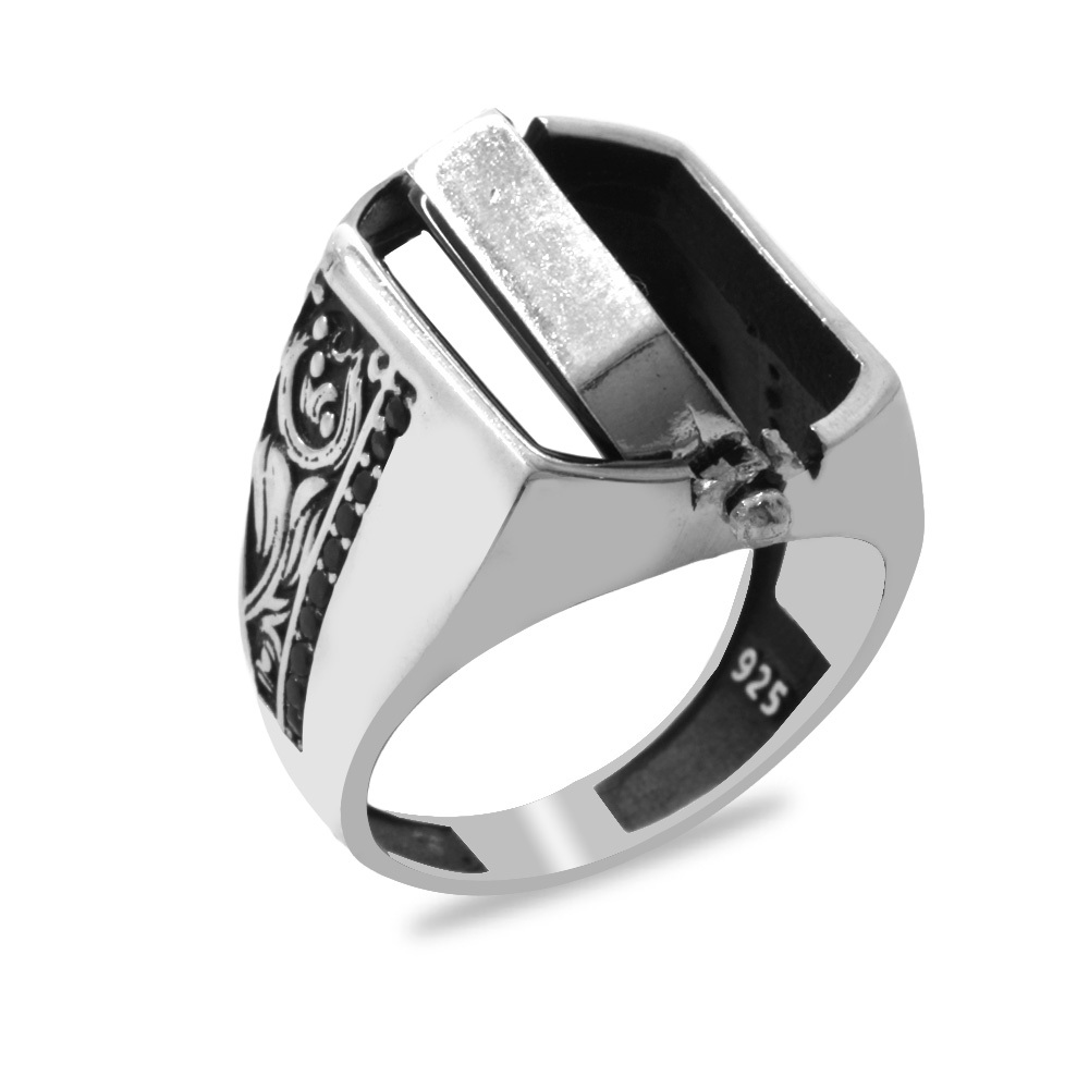 Oniks ve Zirkon Taşlı Mıhlamalı Çift Taraflı İsme Özel Yazılı 925 Ayar Gümüş Erkek Yüzük - 8